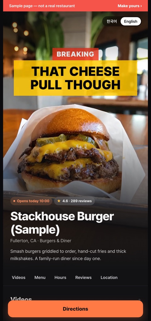 Example of an automatically built restaurant website